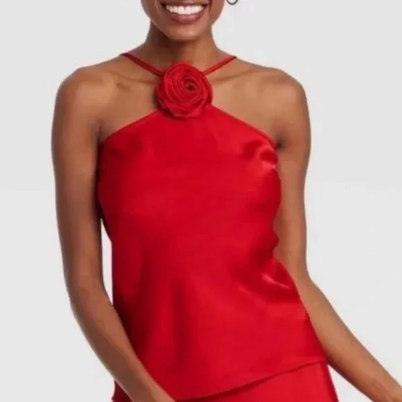 Women's Satin Removable Rosette Halter Top - A New Day Red S Target - Picture 2 of 4